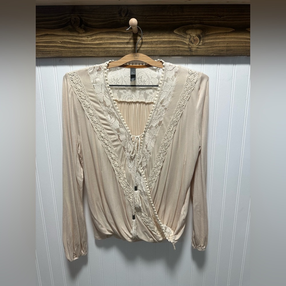 Alya Lace Trimmed Beige Faux Wrap Tie Blouse Sz S boho
